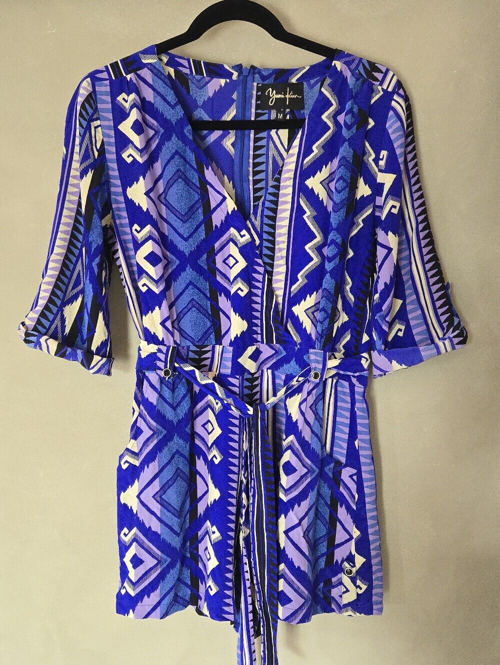 Yumi Kim | 100% Silk Blue Aztec Print Romper Tie Waist Boho Festival, Size M - Picture 4 of 12